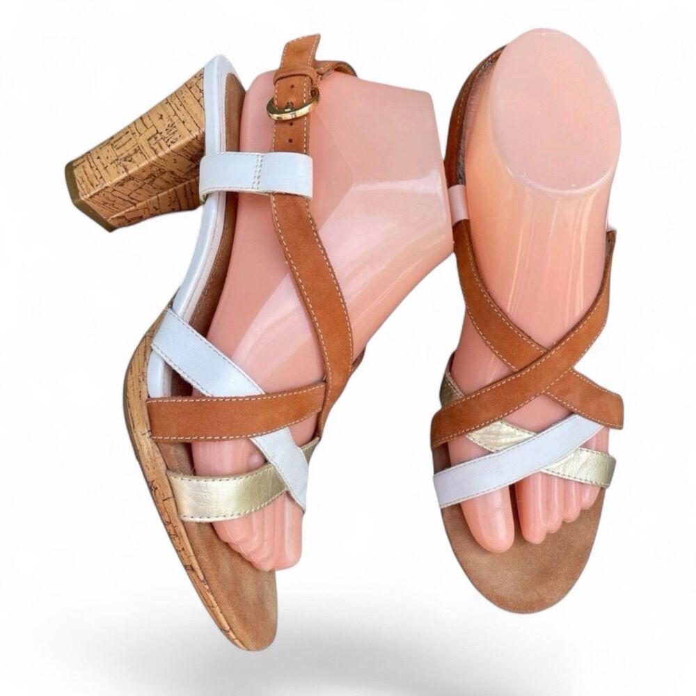 Aerosoles White Gold Tan Leather Strappy Slingback 3" Heel Sandals Size 8 Boho